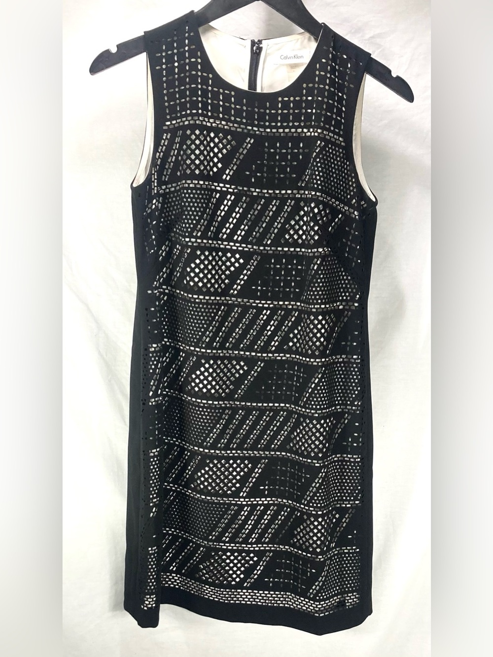 Calvin Klein Black Laser-Cut Midi Dress with Ivory Contrast